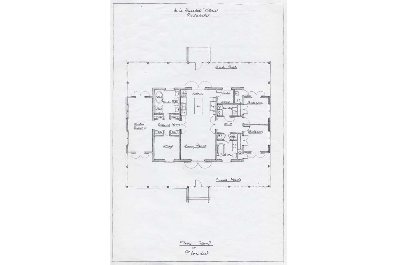 floor plan of a Vernacular Cracker style residence, designed by Maria de la Guardia & Teofilo Victoria of DLGV Architects & Urbanists
