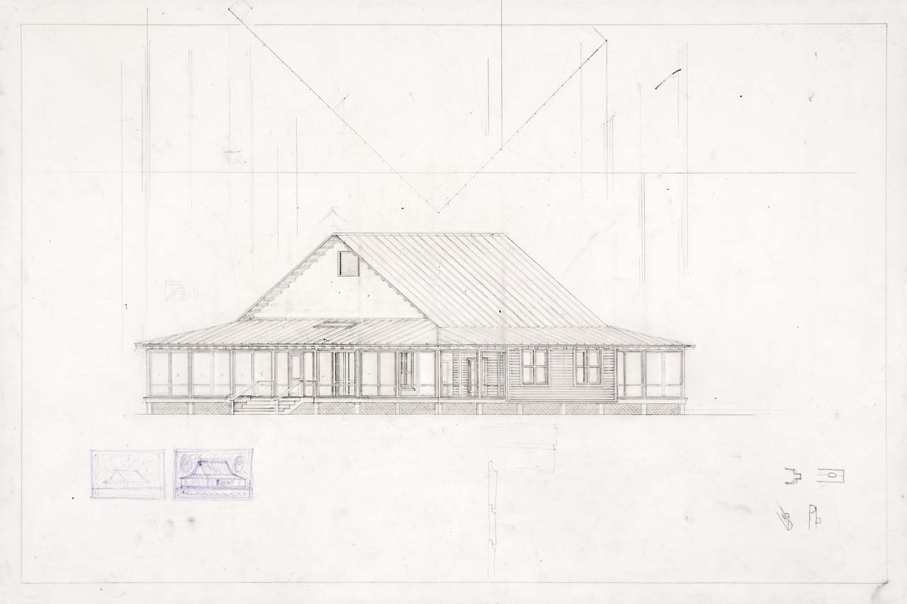 oblique drawing of a Vernacular Cracker style residence, designed by Maria de la Guardia & Teofilo Victoria of DLGV Architects & Urbanists