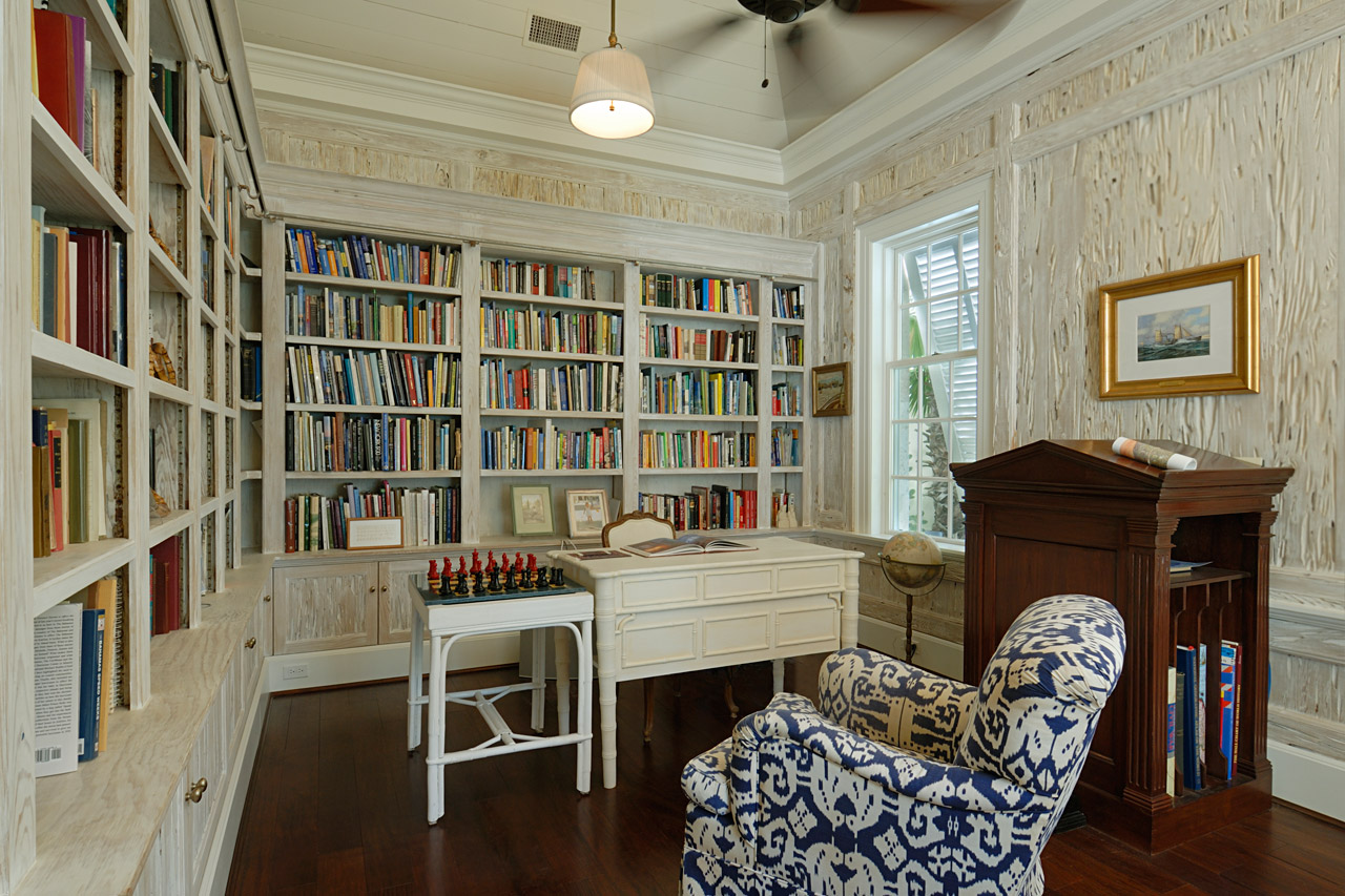 Library of a Palladian beach house in the Bahamas designed by Maria de la Guardia & Teofilo Victoria in the classical tradition built of coral stone