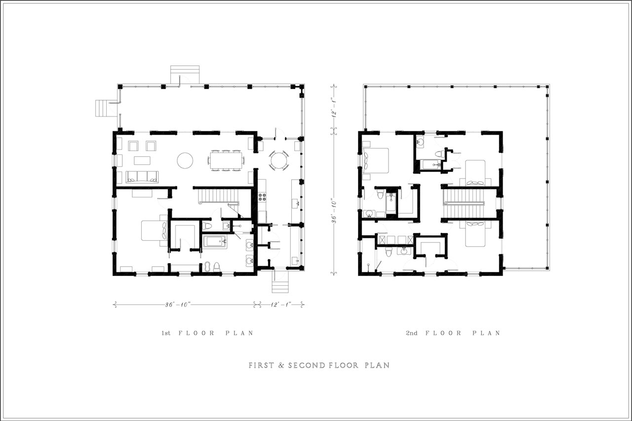 floor plans of a Traditional Bahamian style louvered house designed by Maria de la Guardia & Teofilo Victoria of DLGV Architects & Urbanists
