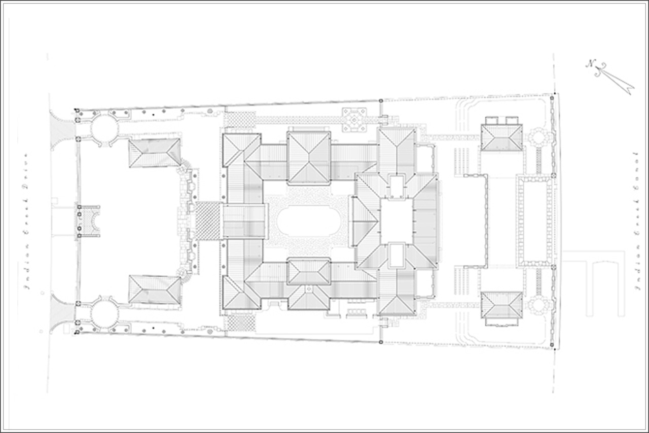 site plan of a Traditional neoclassical estate accentuated with coral stone, designed by Maria de la Guardia & Teofilo Victoria of DLGV Architects & Urbanists in collaboration with Ernesto Buch