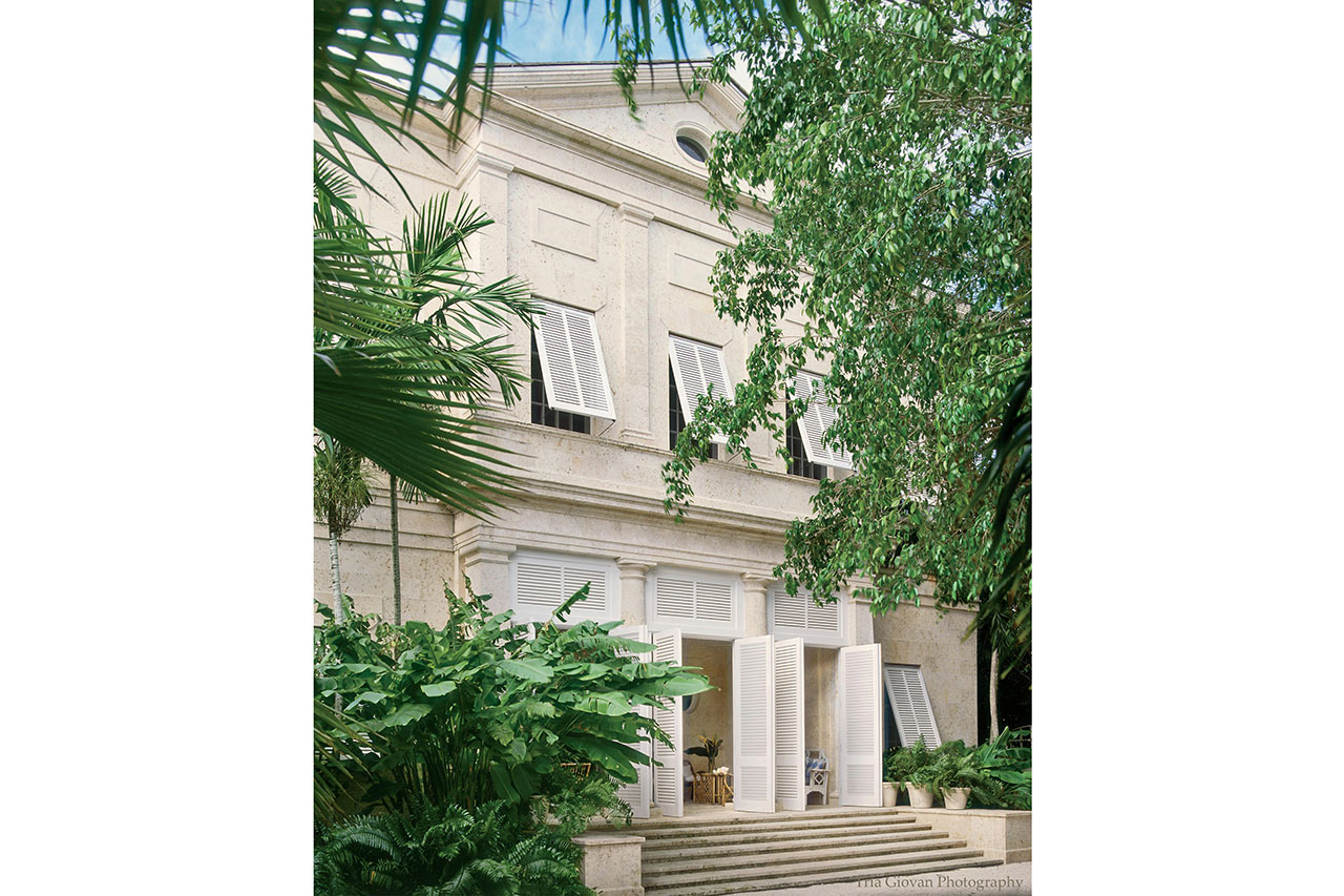 Forecourt of a Palladian beach house in the Bahamas designed by Maria de la Guardia & Teofilo Victoria in the classical tradition built of coral stone