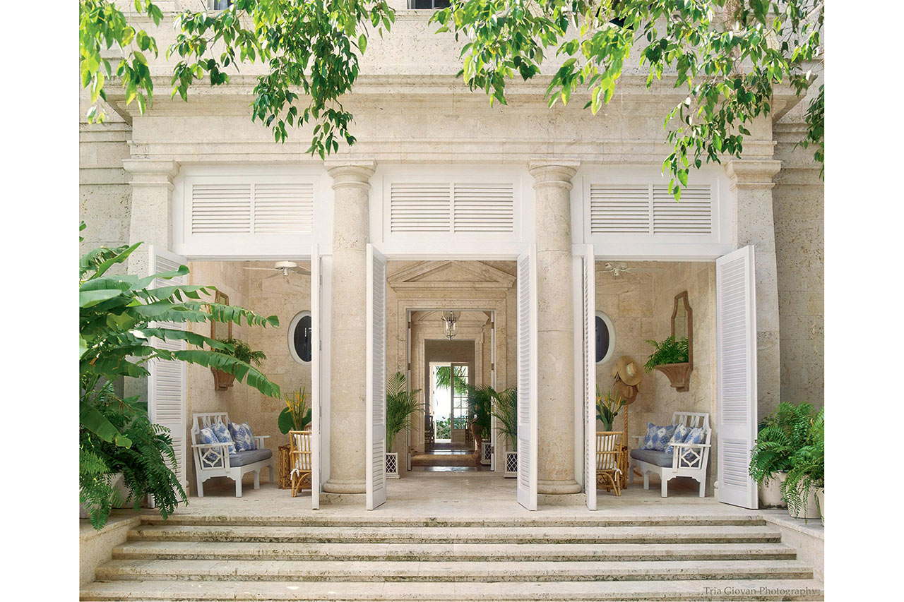 Entry Portico of a Palladian beach house in the Bahamas designed by Maria de la Guardia & Teofilo Victoria in the classical tradition built of coral stone